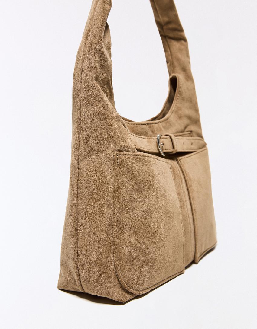 Faux suede bucket bag-Brown
