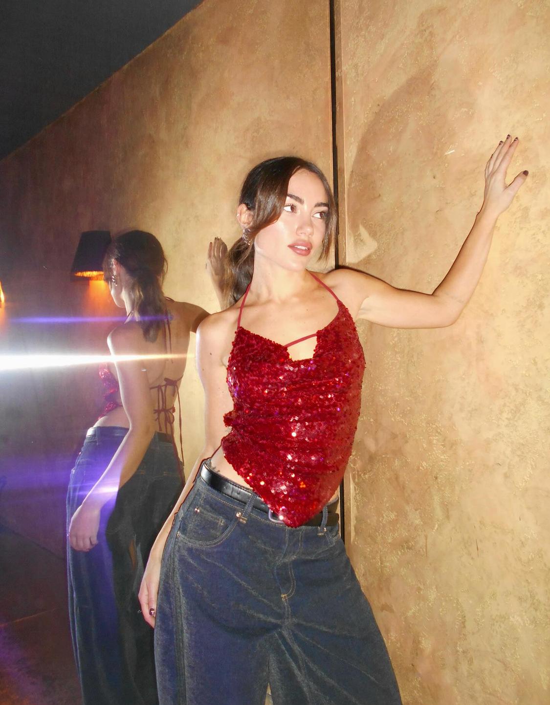 Draped sequin halter top