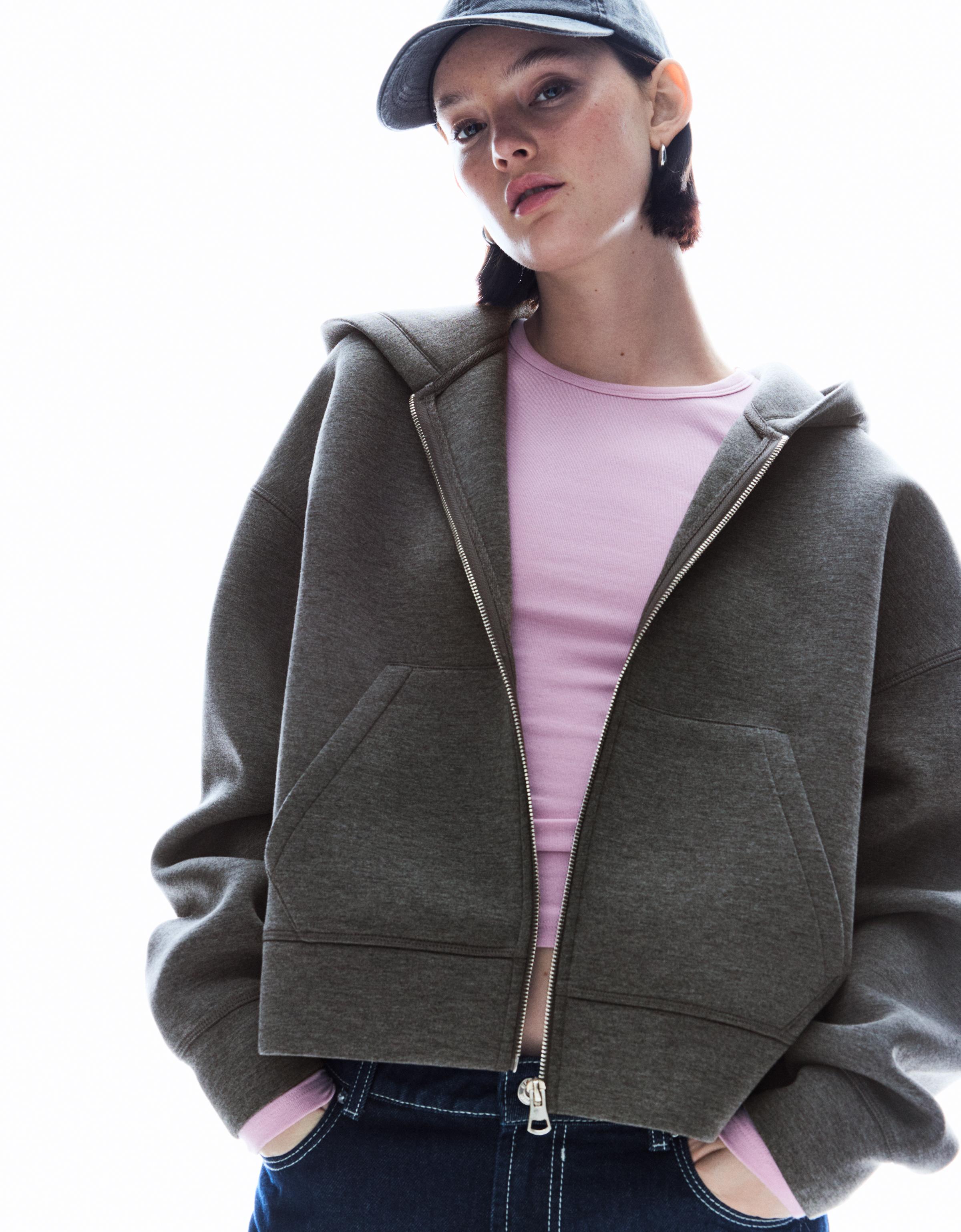 Bershka Oversize-Sweatshirt Mit Reißverschluss Und Neopren-Effekt Damen S Grau