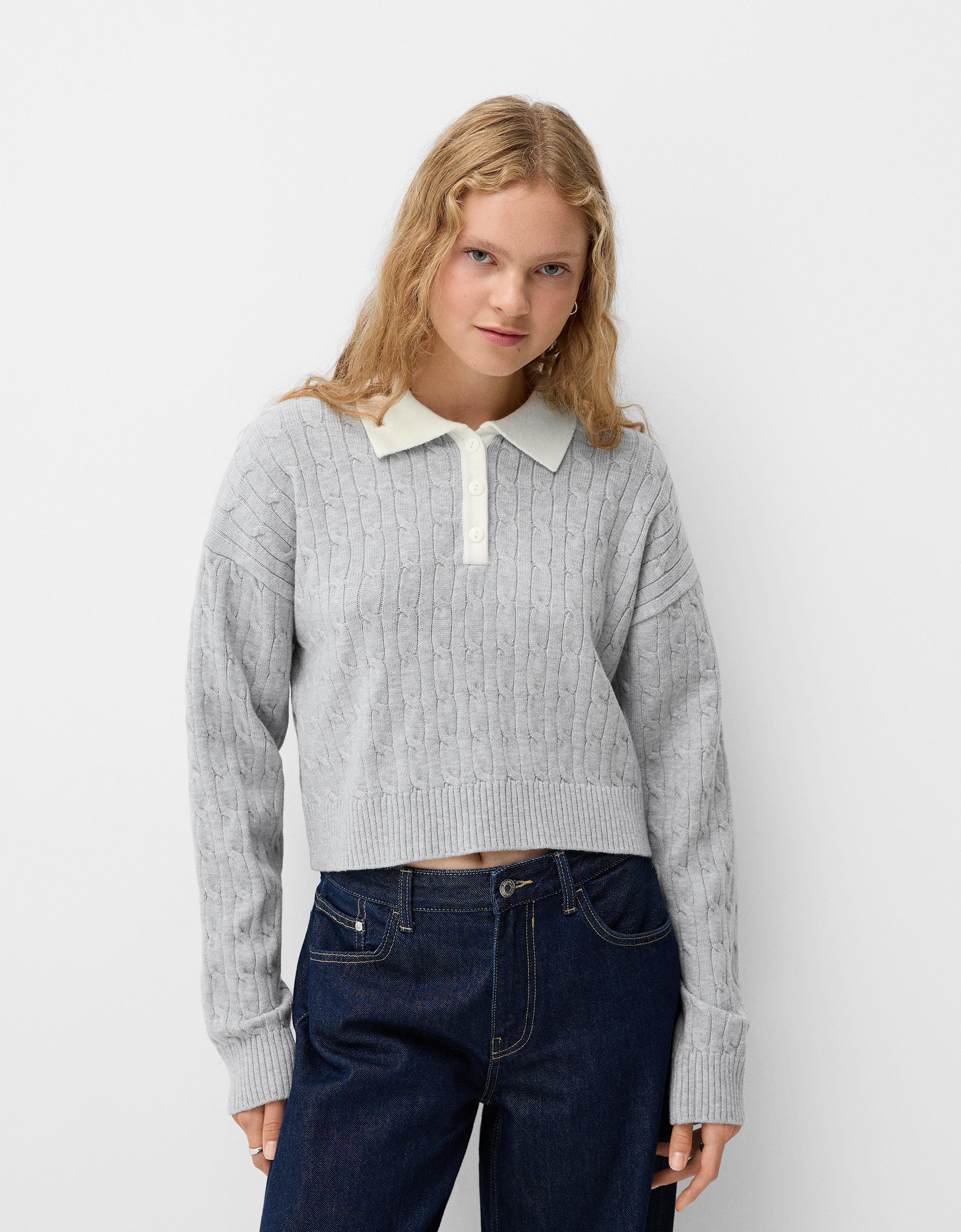 Bershka Pullover Mit Polo-Kragen Und Stickerei Damen Xs Grau