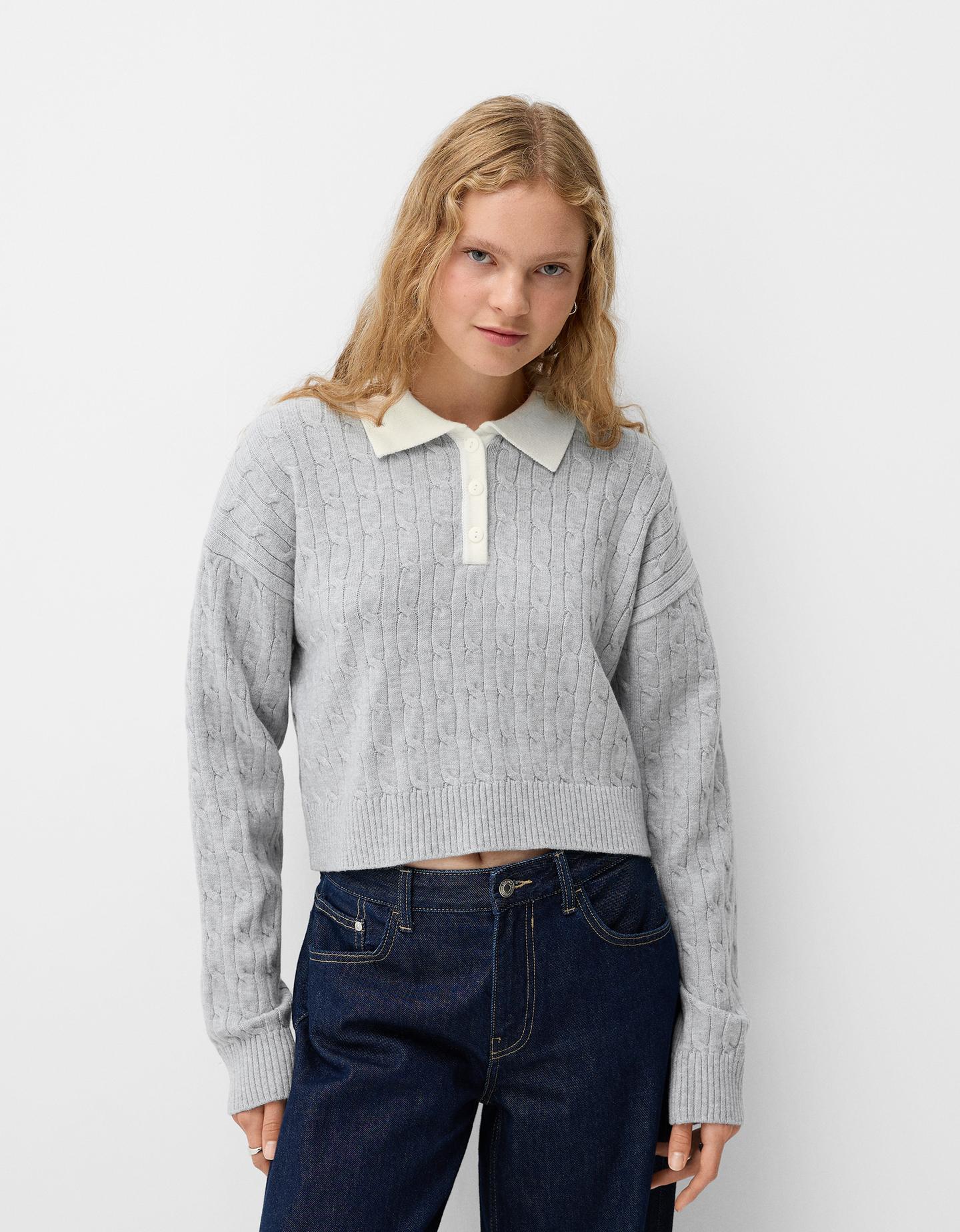 Bershka Maglia Collo A Polo Ricamo Donna L Grigio