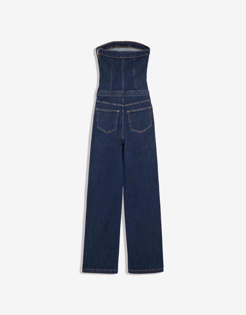Long denim bandeau jumpsuit-Blue