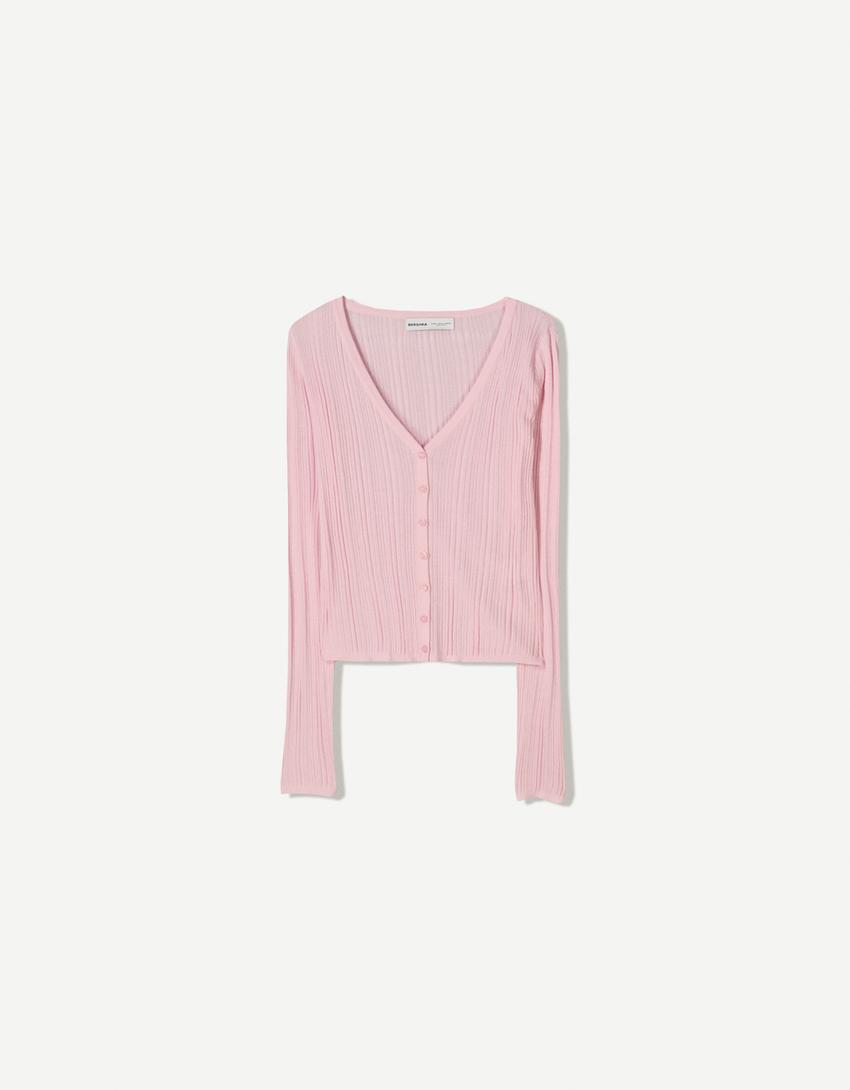 Ribstrikket jakke med knapper-Pink