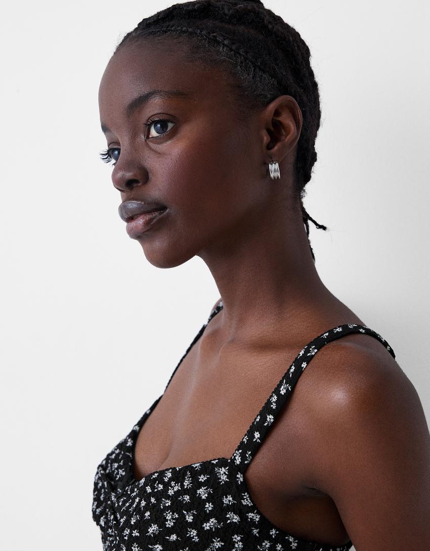 Waffle knit printed mini dress with straps-White / Black-5