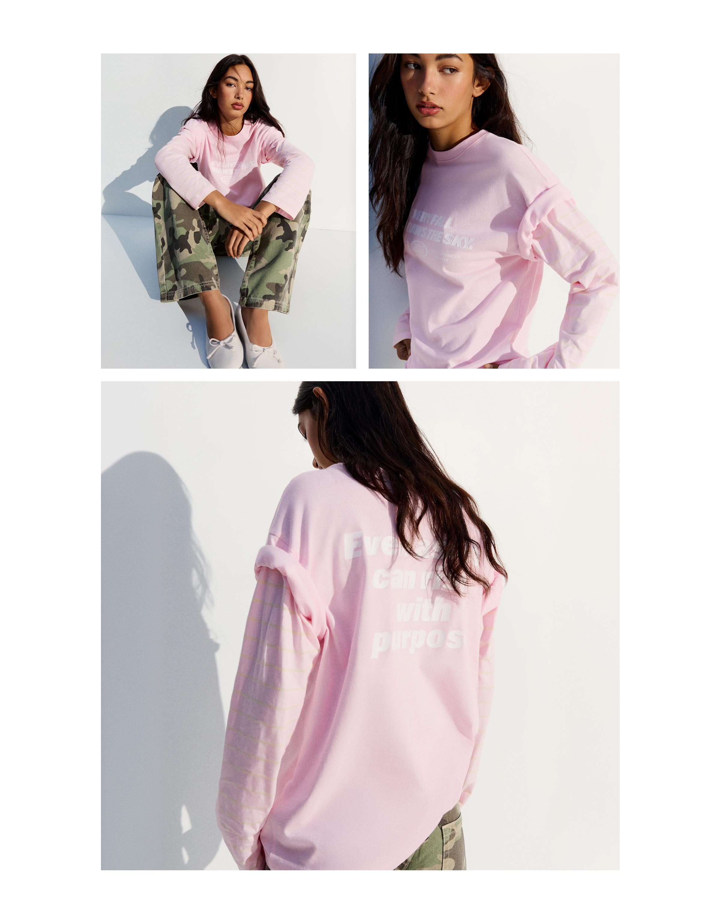 Oversize double sleeve print T-shirt — Pink