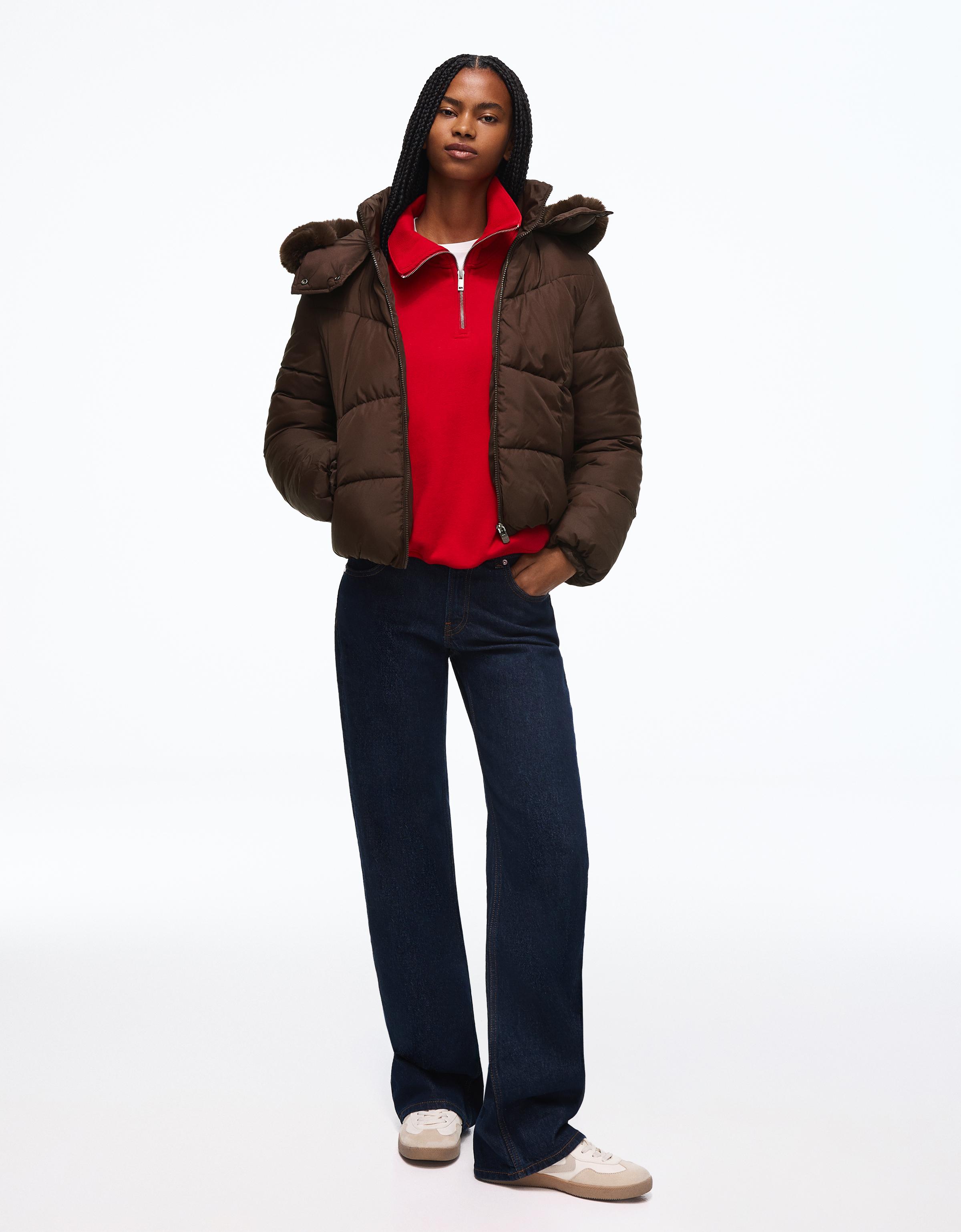 Padded jacket with fur hood — Brown
