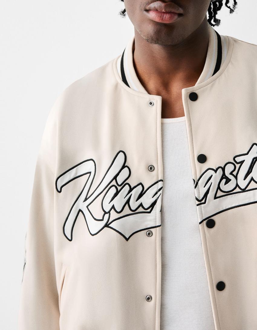 Faux suede embroidered bomber jacket-Off white-6