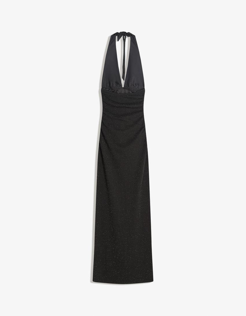Shimmery halter neck midi dress-Black