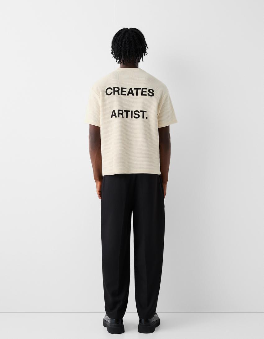 Printed boxy-fit waffle-knit short sleeve T-shirt-Cream
