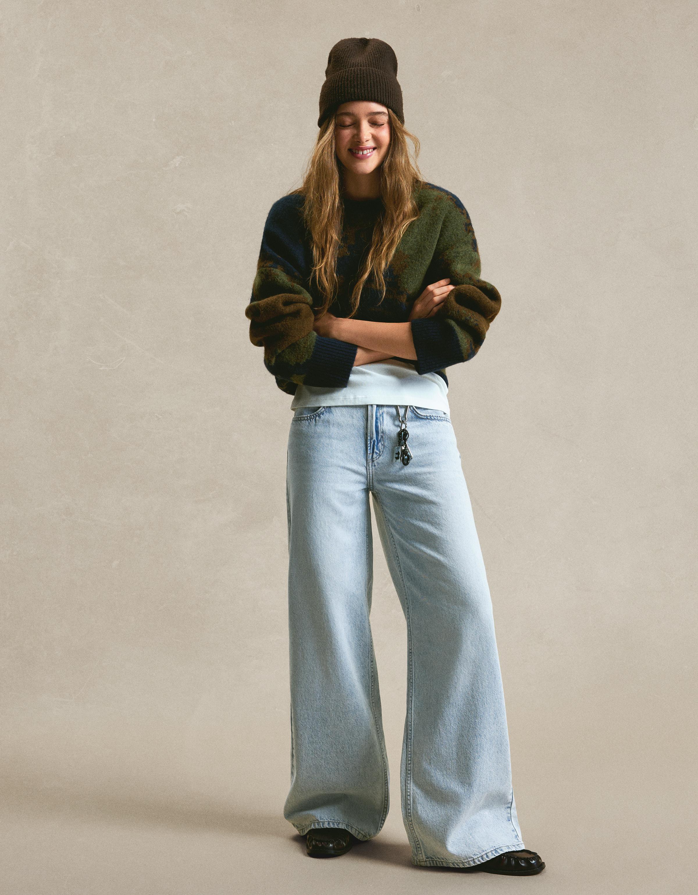 Bershka Jeans Mit Weitem Bein Damen 40 Hellblau