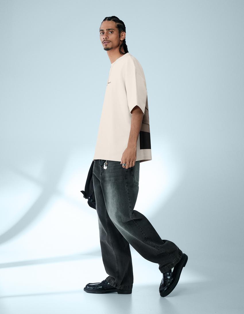 T-shirt molleton imprimé-Sable