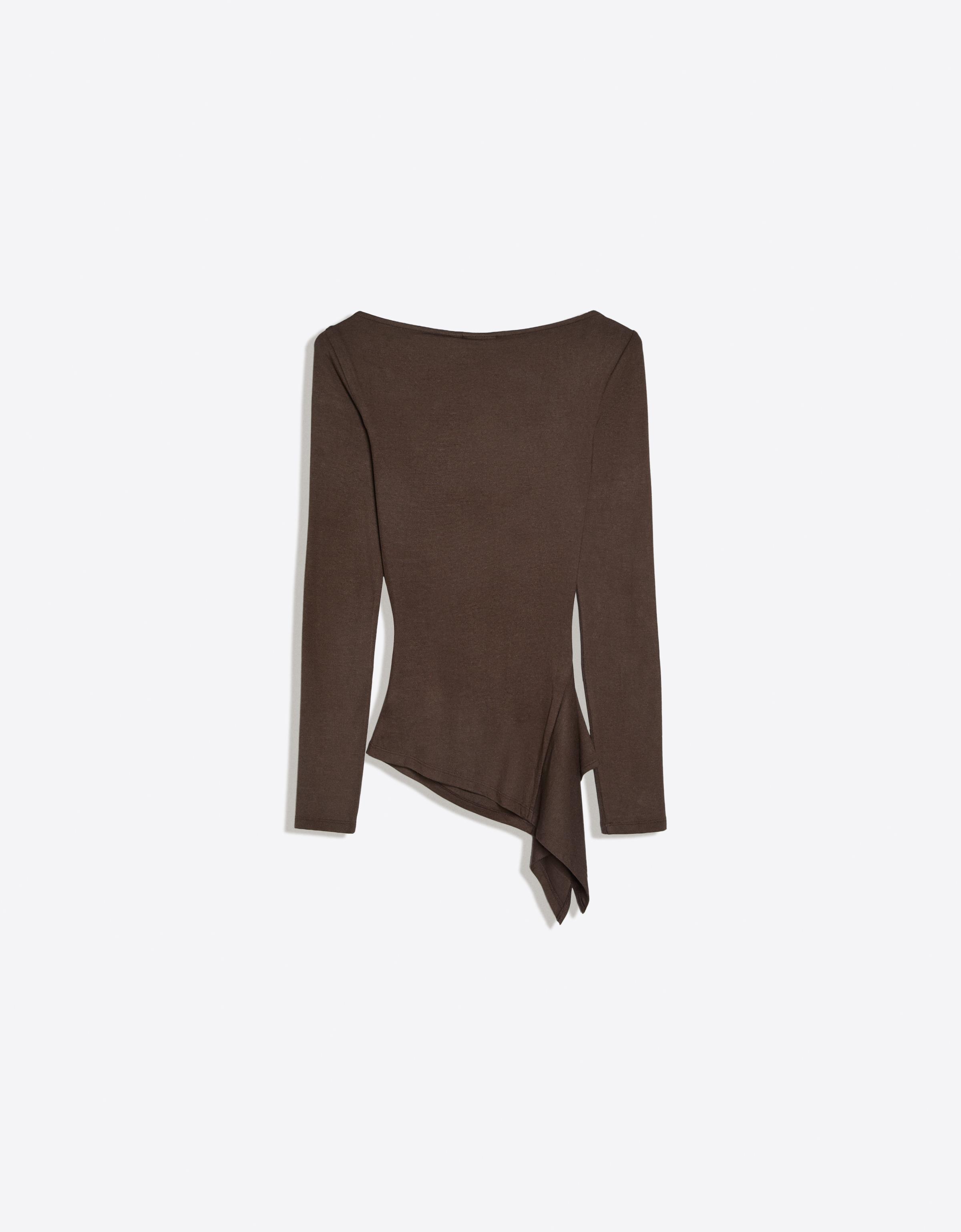 Long sleeve asymmetric gathered T-shirt — Brown