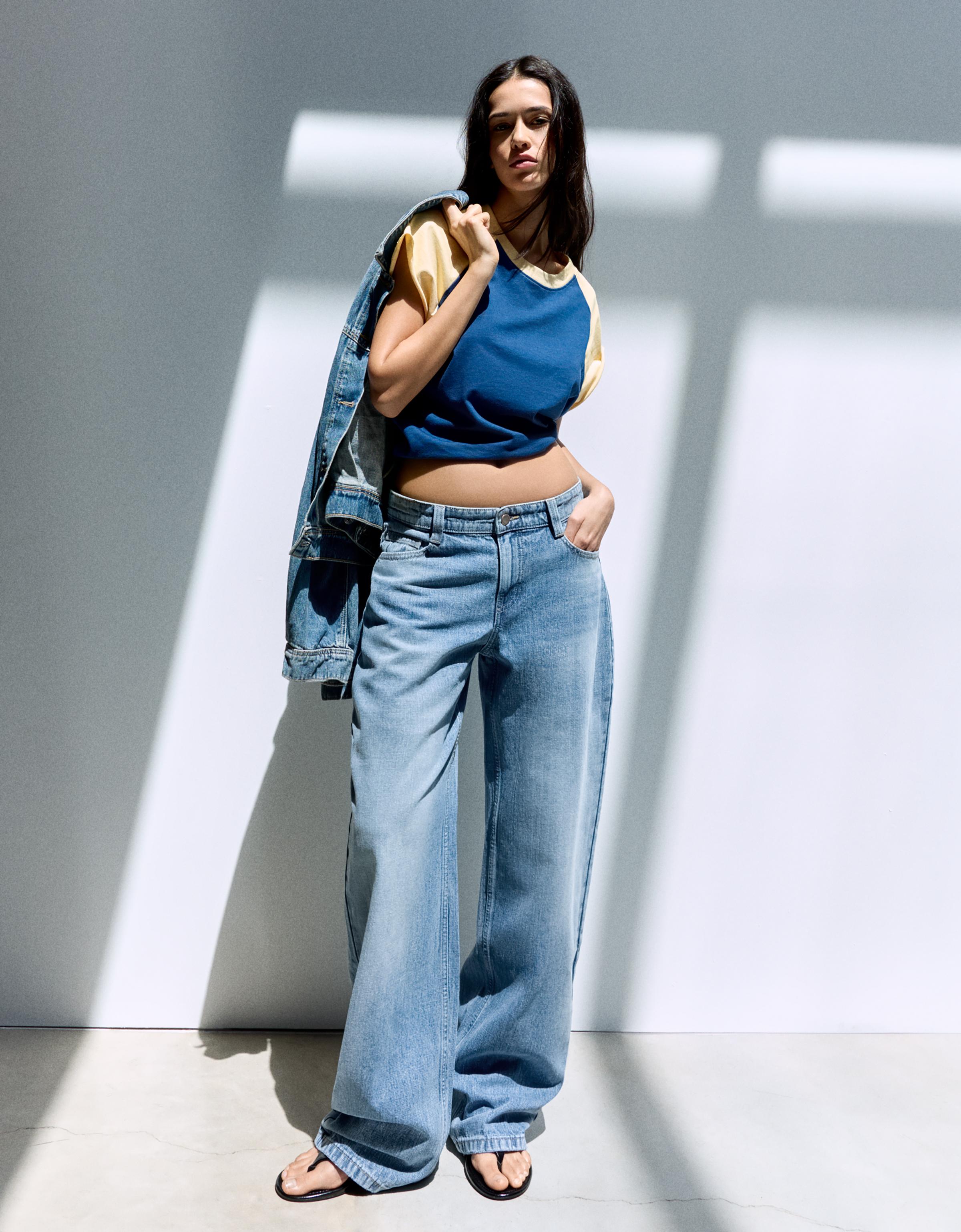Bershka Jeans Barrel Tiro Bajo Mujer Azul Lavado