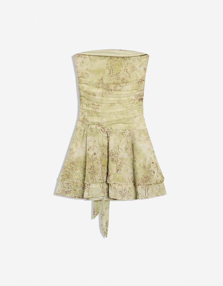 Baskılı kemerli bandeau mini elbise-Haki