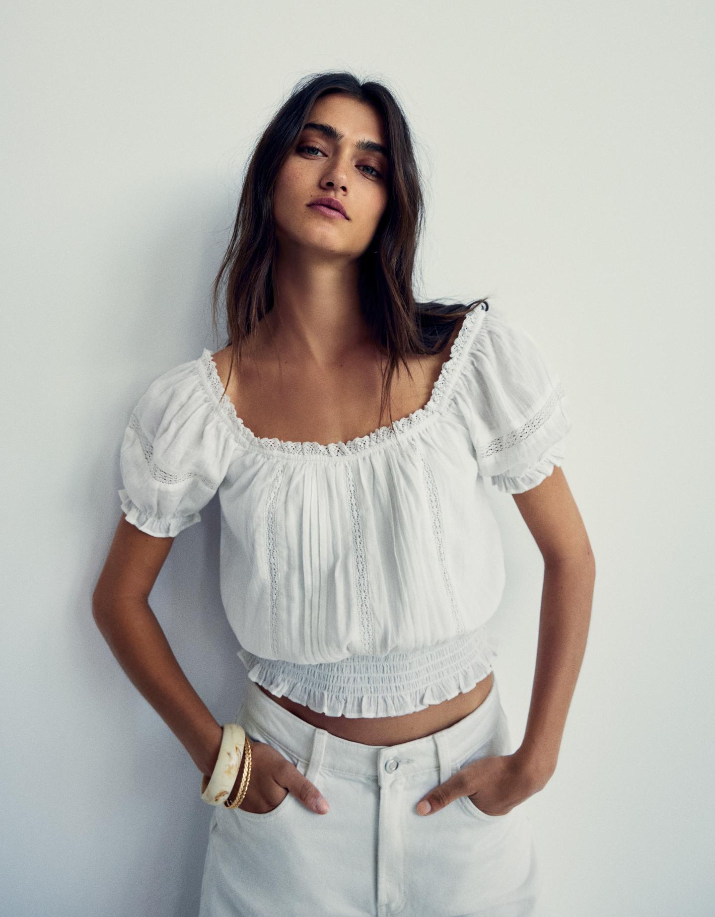 Bershka Camisa Manga Corta Rústica Mujer Blanco