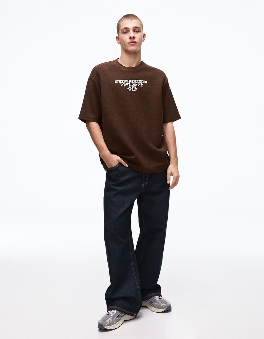 Short sleeve plush print T-shirt-Brown