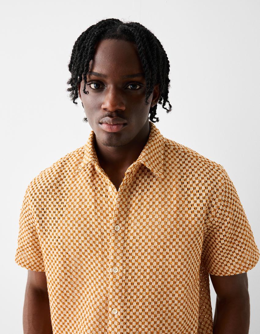 قميص ريفي بأكمام قصيرة وحياكة مفتوحة-برتقالي-2