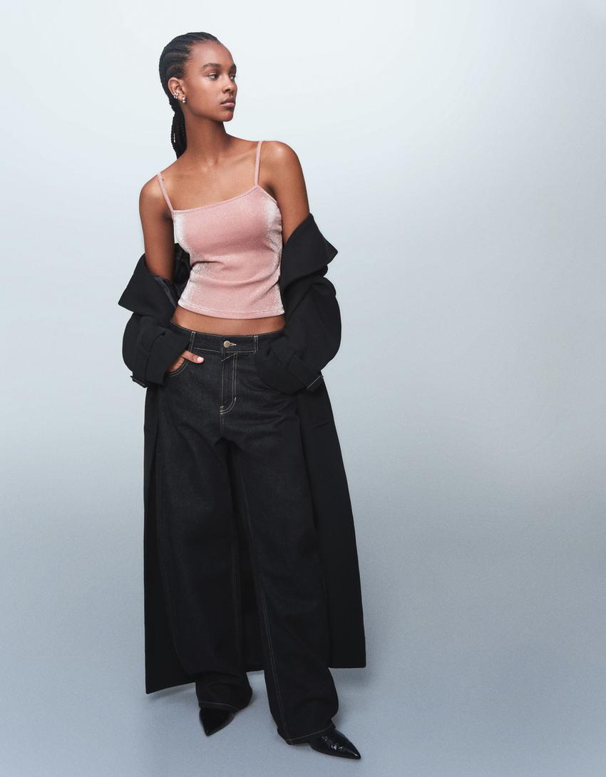 Metallic thread strappy top-Pink