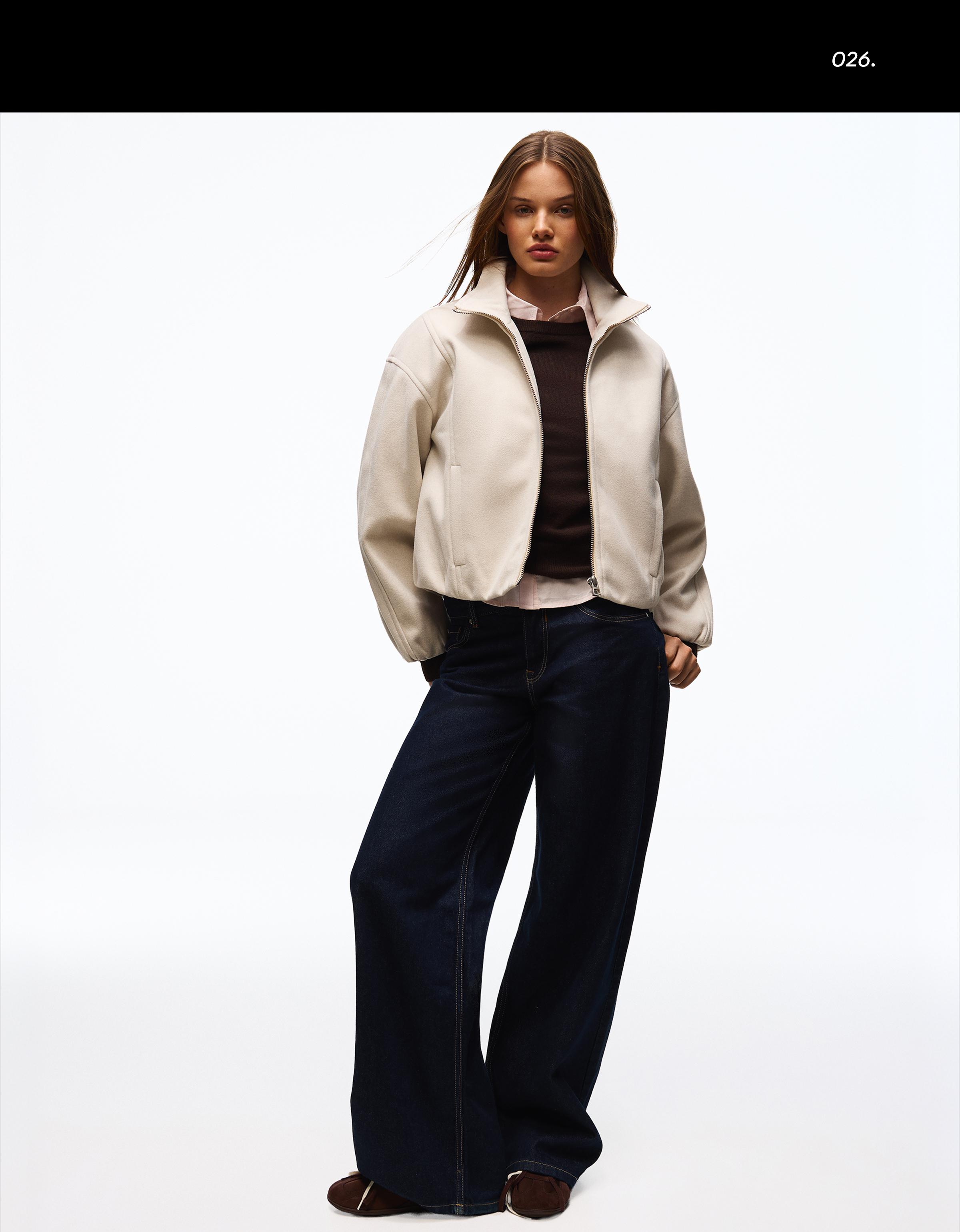 Felt-effect jacket with gathered hem — Cream