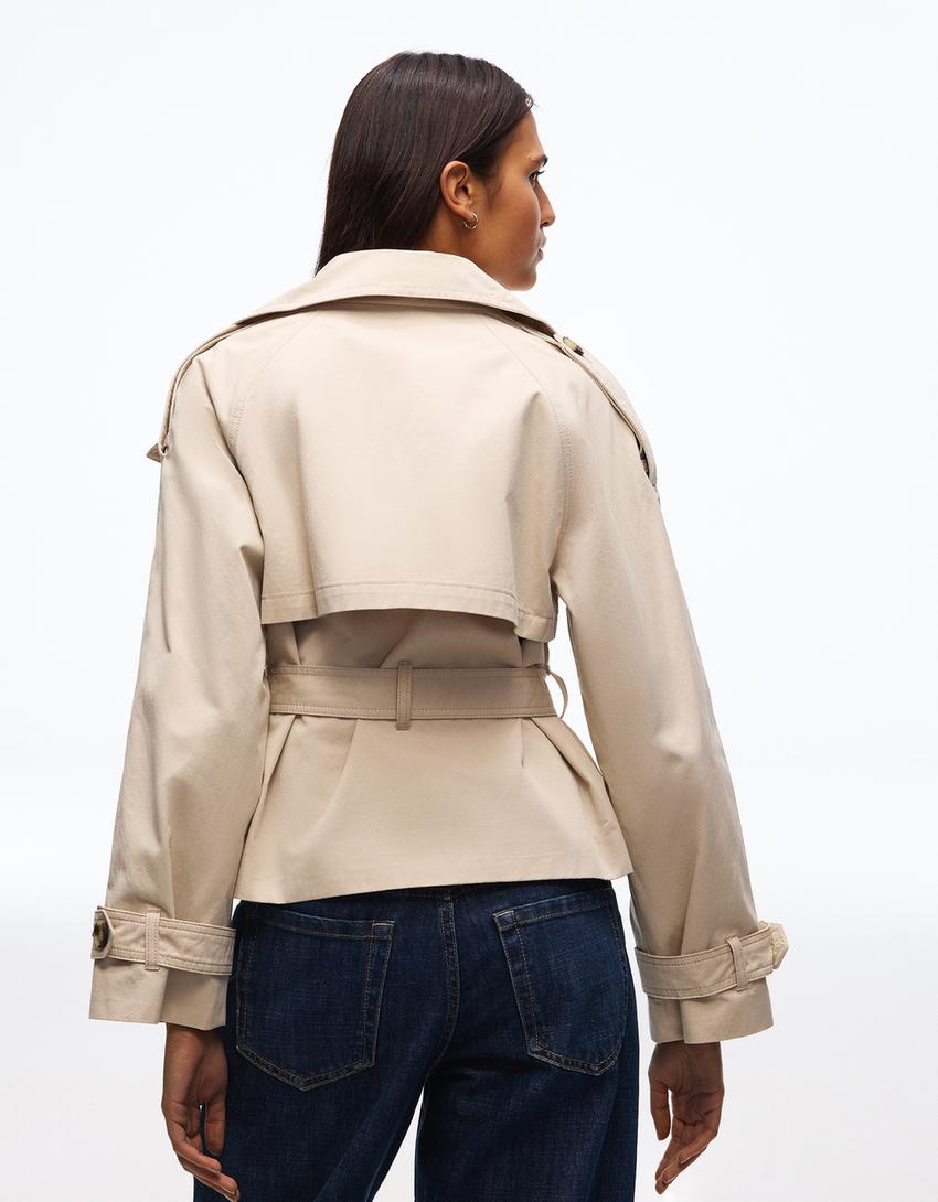 Funnel neck trench jacket-Sand