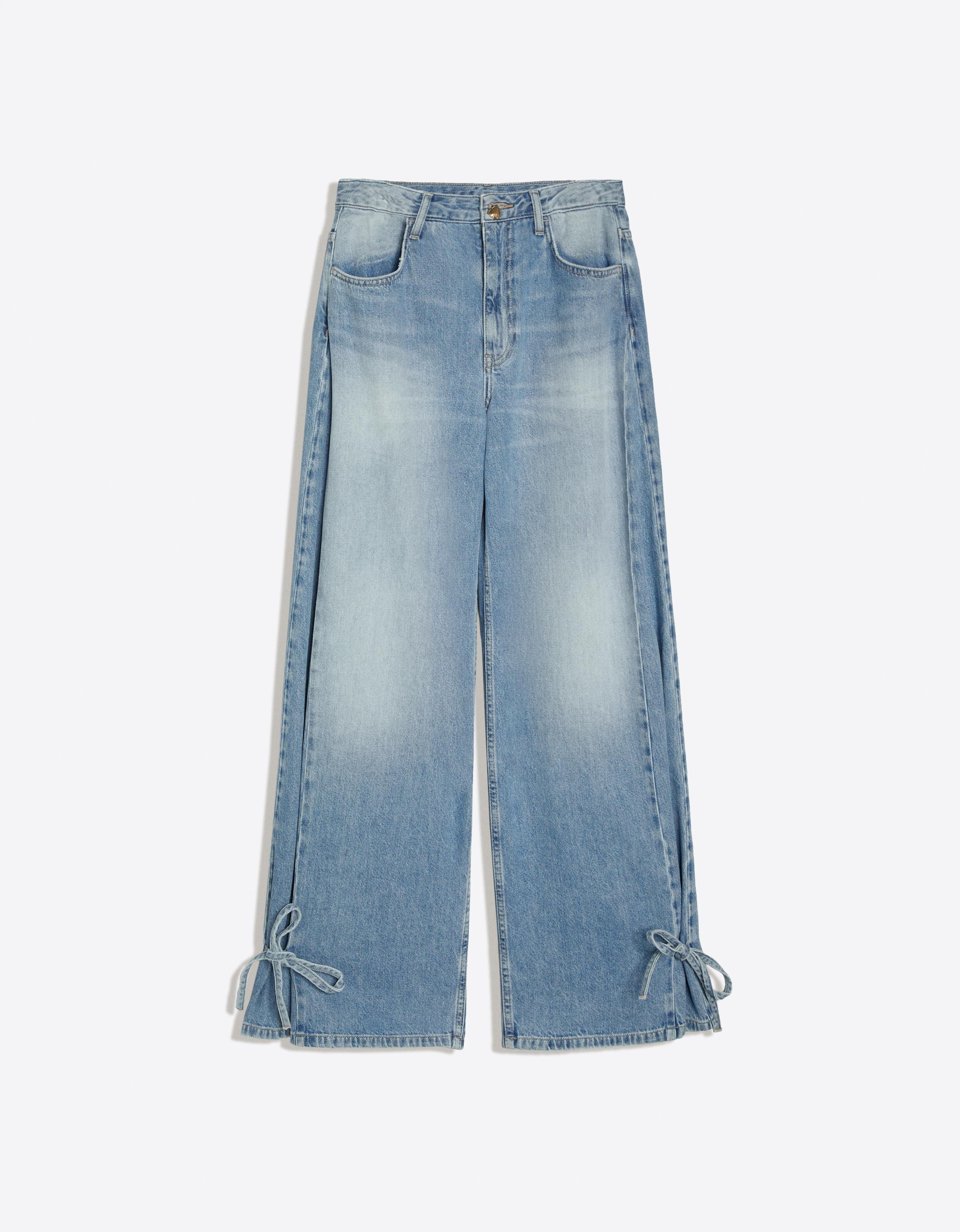 Bershka Jeans Barrel Tiro Alto Lazos Mujer Azul Lavado