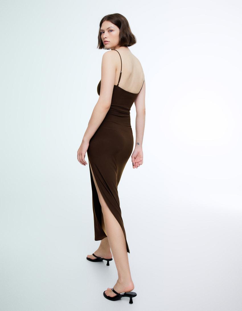 Vestido midi tirantes fruncido-Marrón