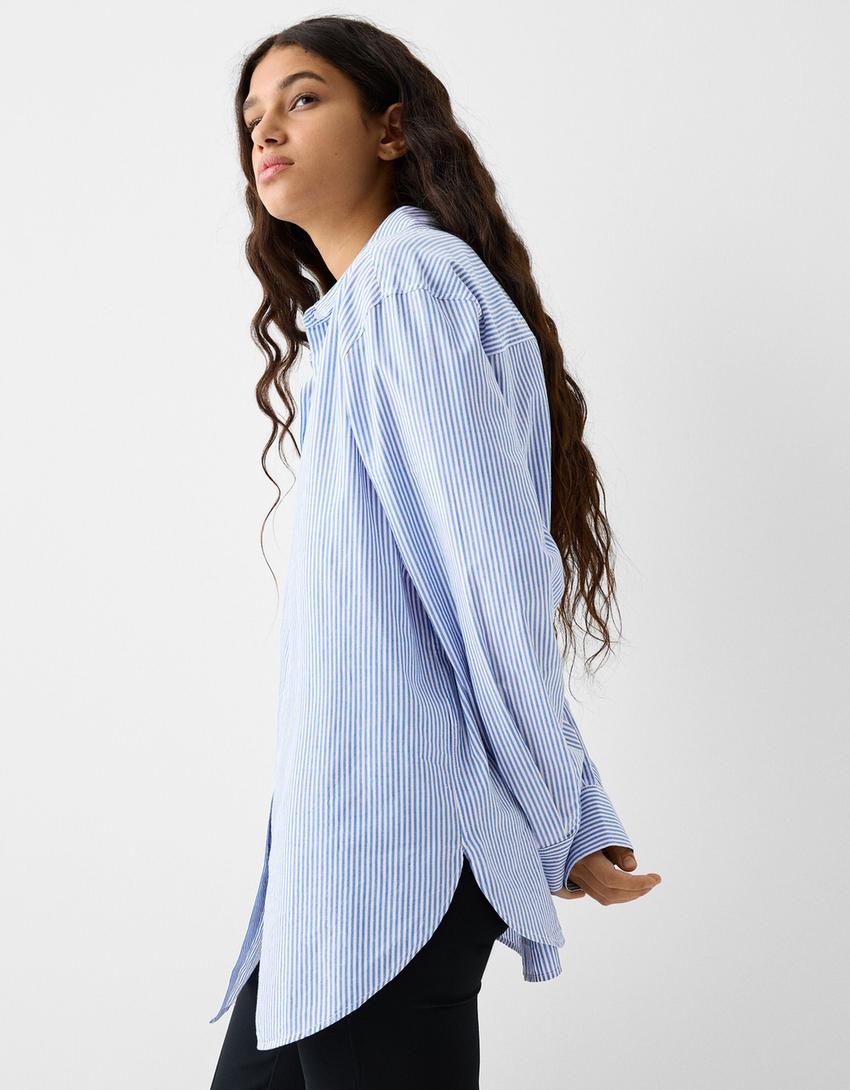 Striped long sleeve poplin shirt-Blue
