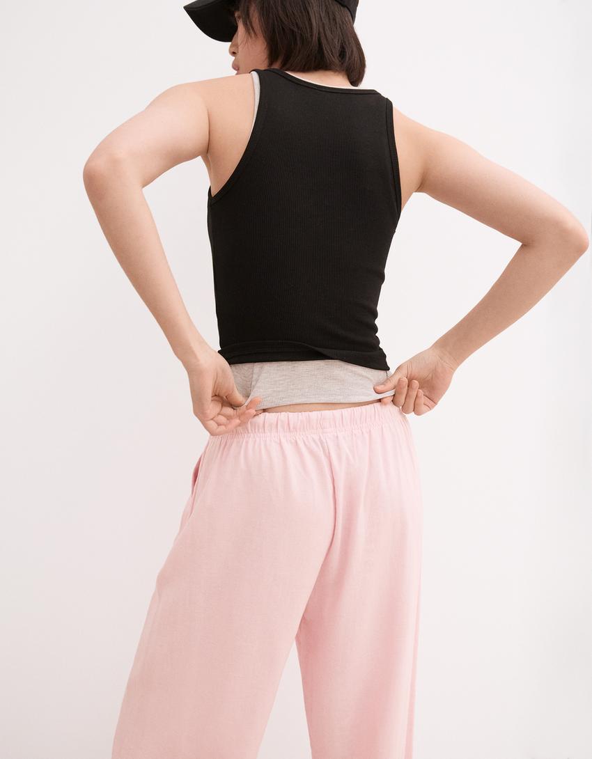 Linen blend trousers with an elasticated waistband-Pink