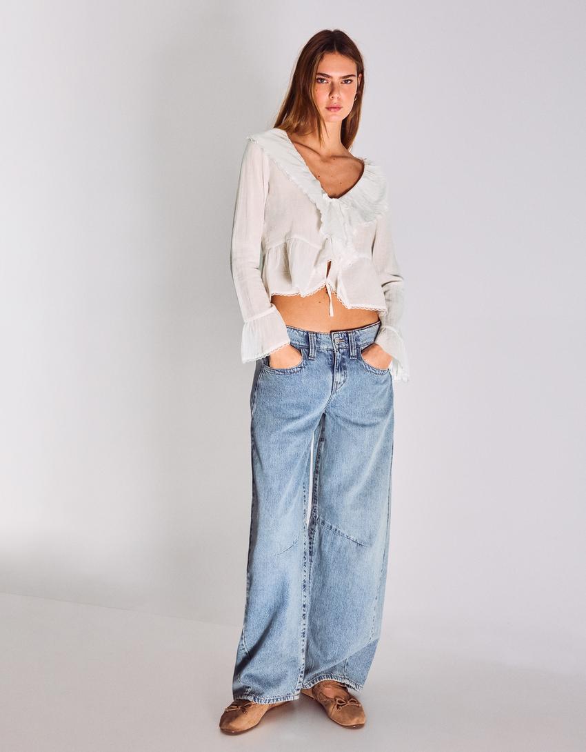 Blusa manga larga rústica volantes-Blanco