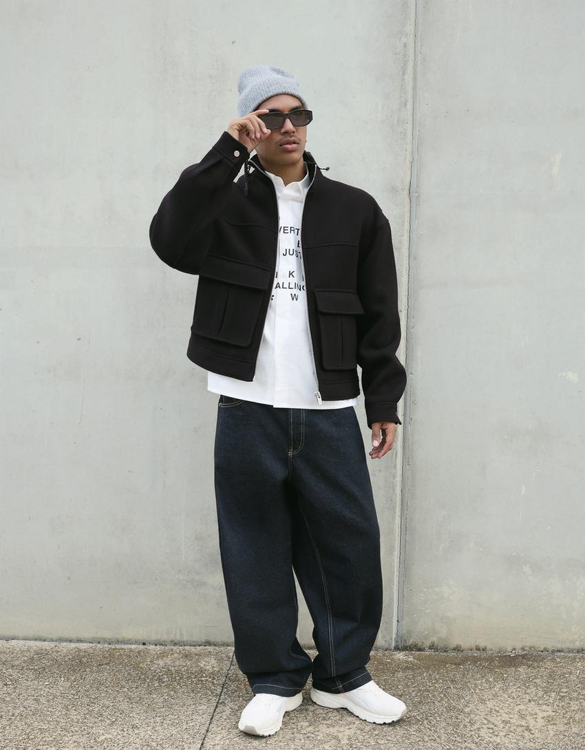 Felt texture jacket with zip-Black