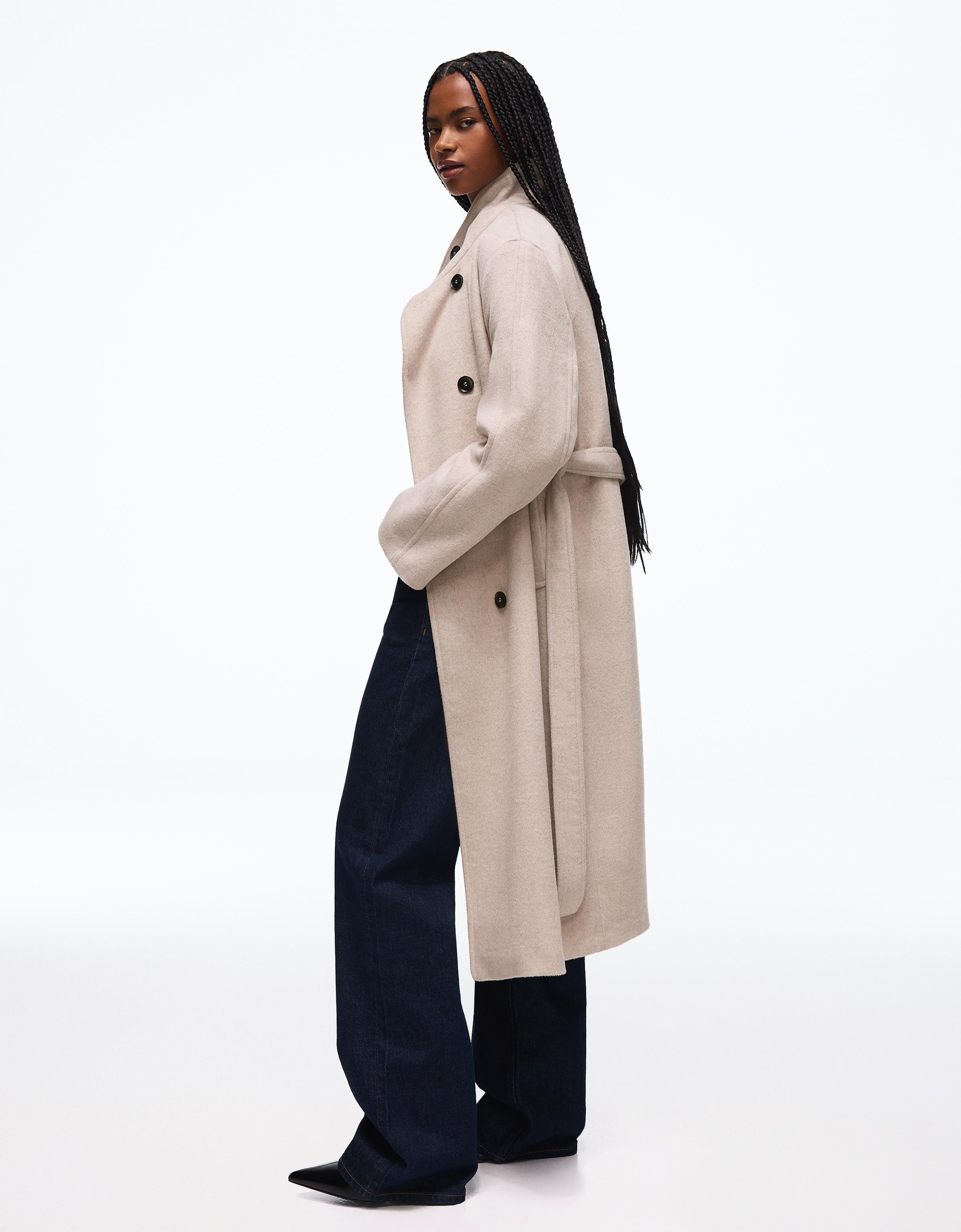 Long funnel neck coat with belt — Sand
