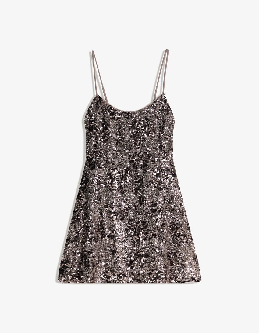Sequinned strappy dress-Dark grey