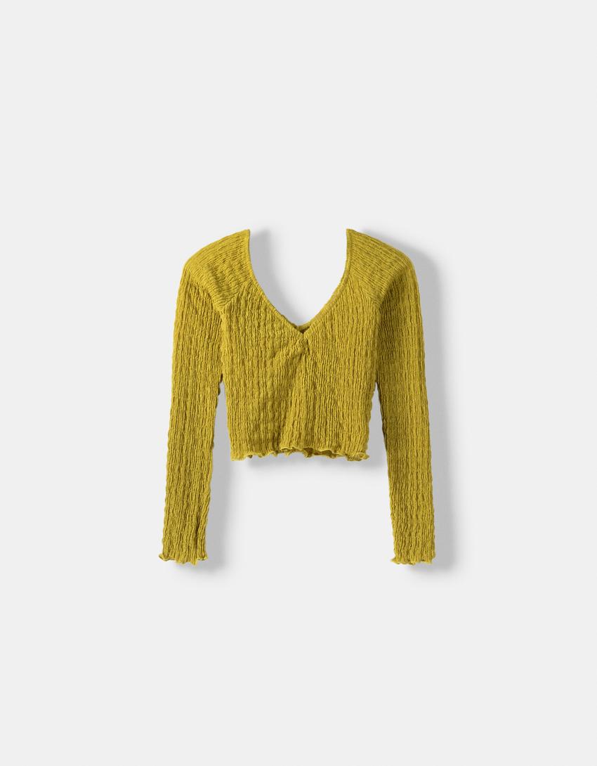 Pull col V gaufré-Vert-4