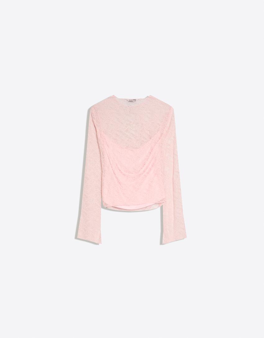 Langarmshirt mit Spitze-Rosa