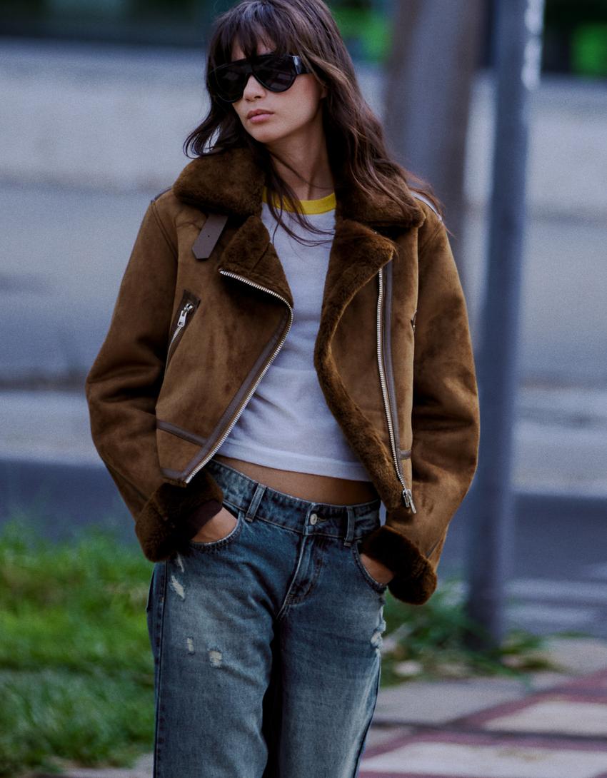 Cropped double-faced biker jacket-Brown