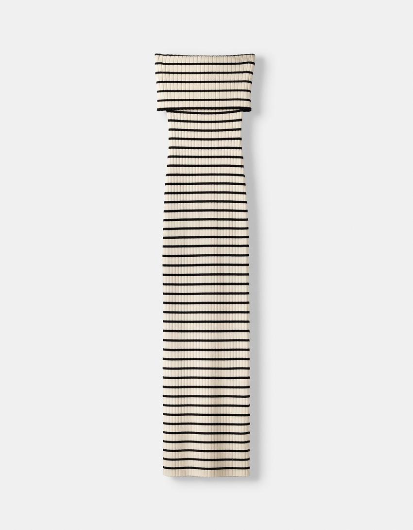 فستان شريطي مخطط متوسط الطول-كريمي-4