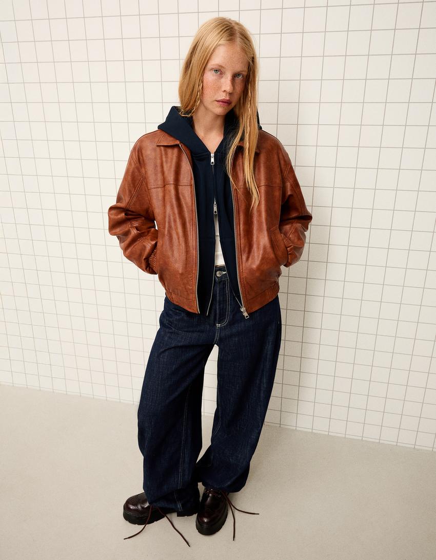 Faux leather oversize jacket-Camel-0