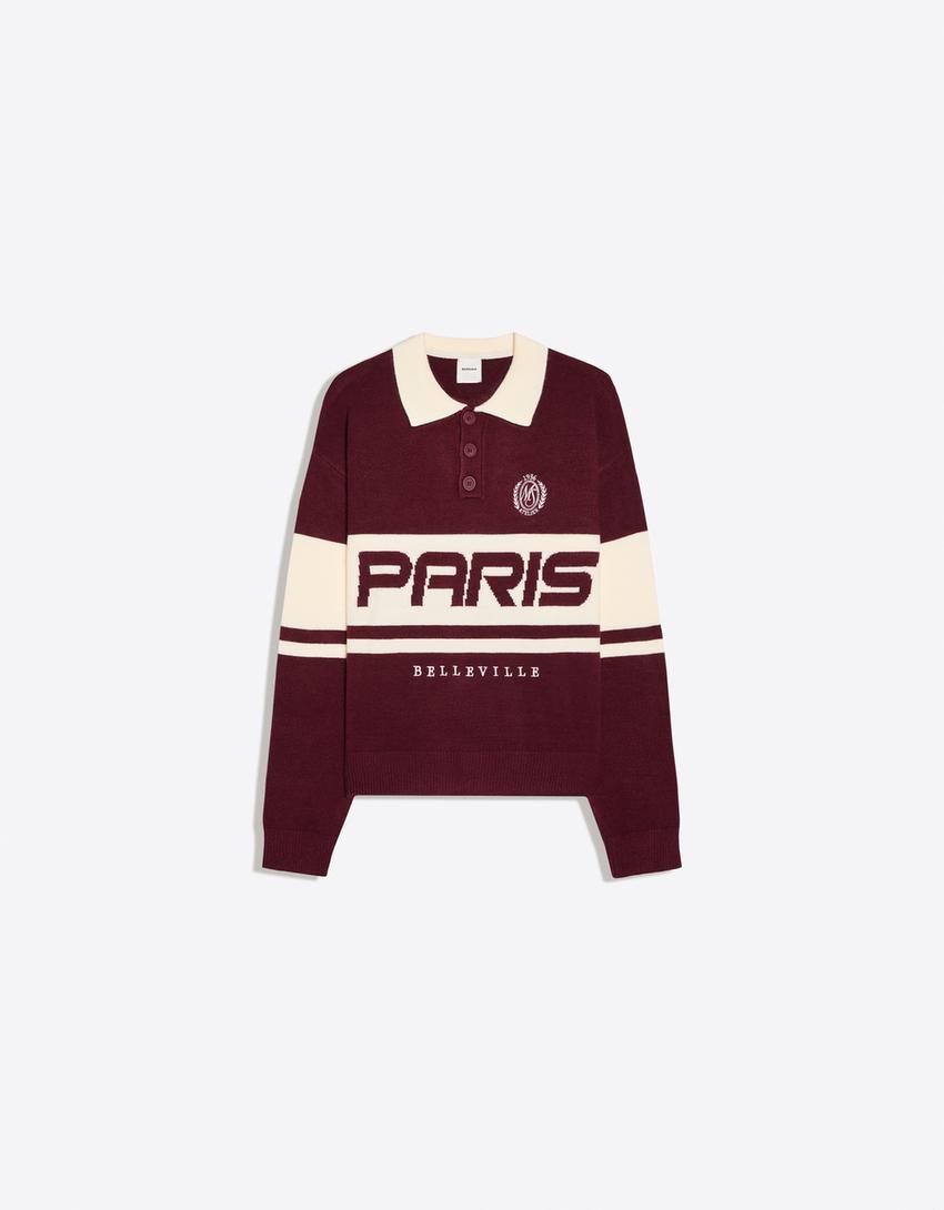 Embroidered polo collar jumper-Maroon