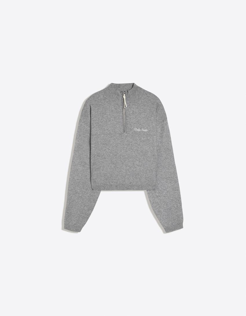 Maglia con zip e ricamo-Grigio