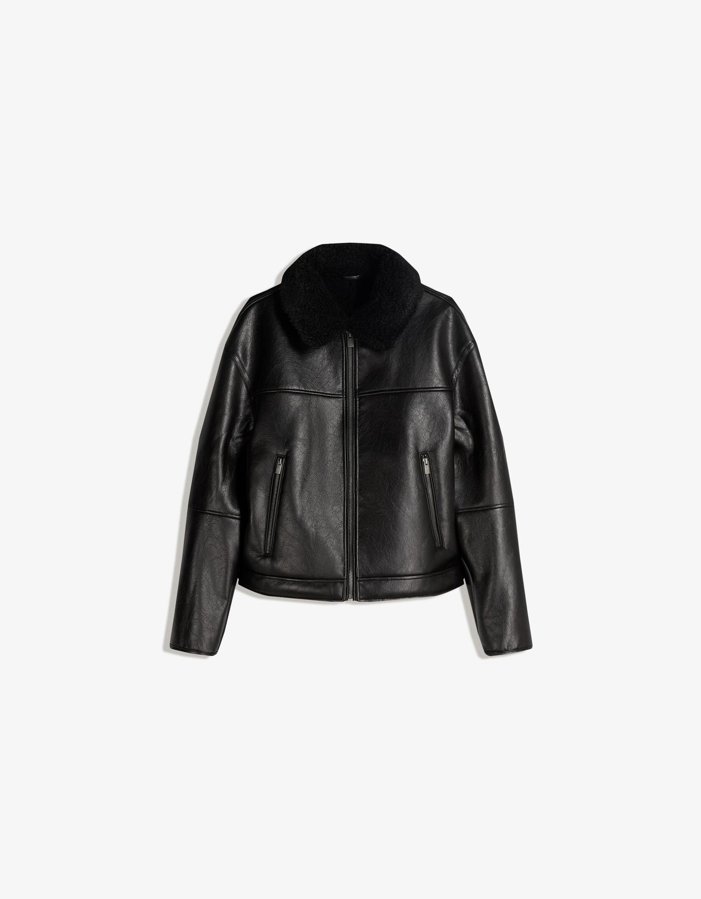 Bershka kurtka ze sztucznej skóry czarny