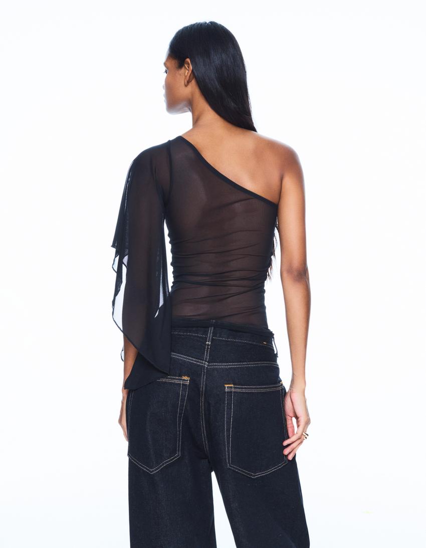 Asymmetric tulle T-shirt-Black