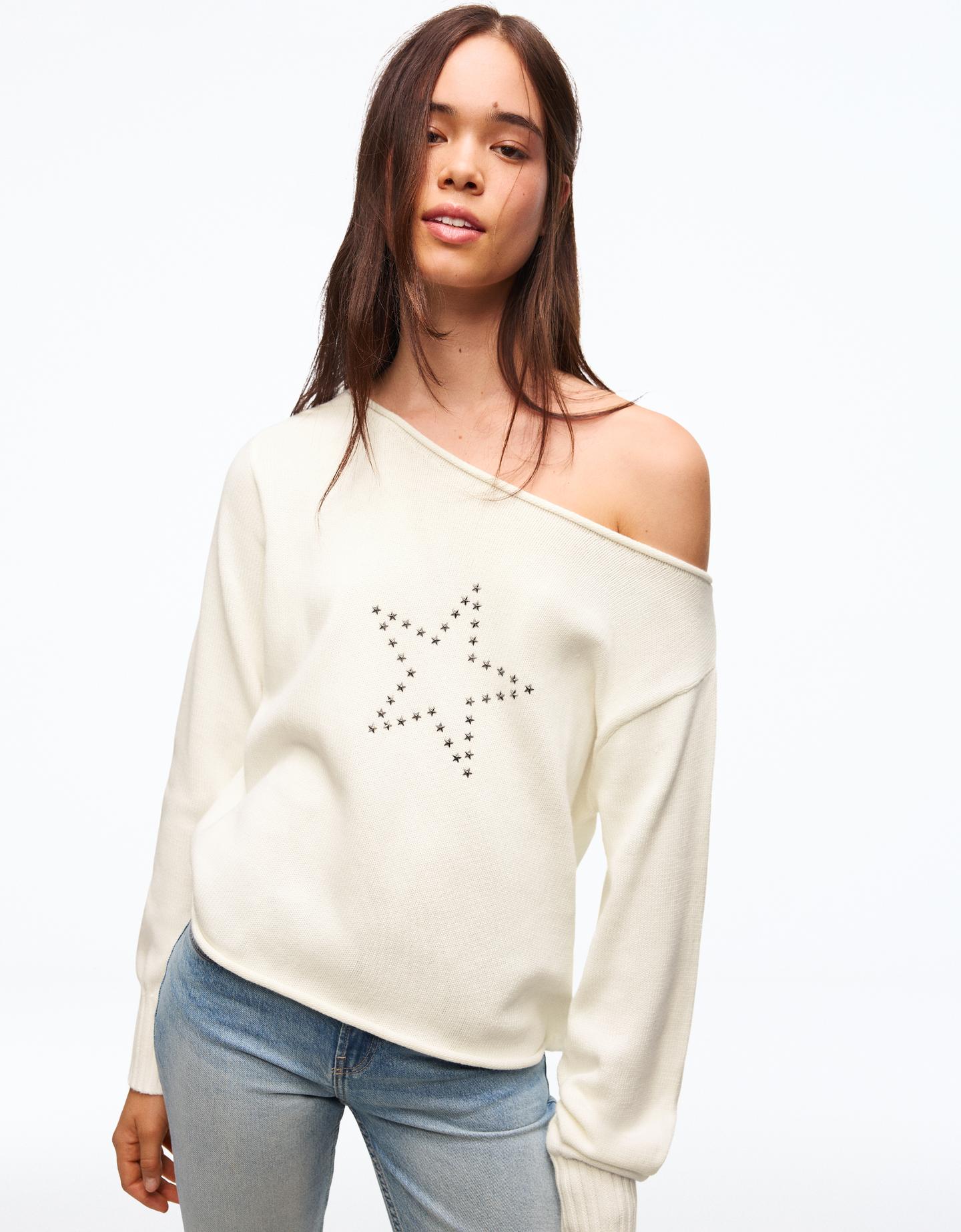 Bershka sweter z dekoltem w łódkę kremowy