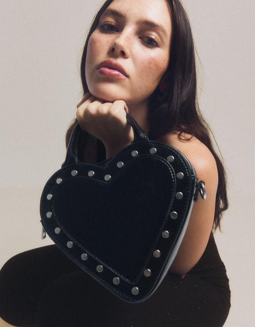 Leather effect heart bag with studs-Black