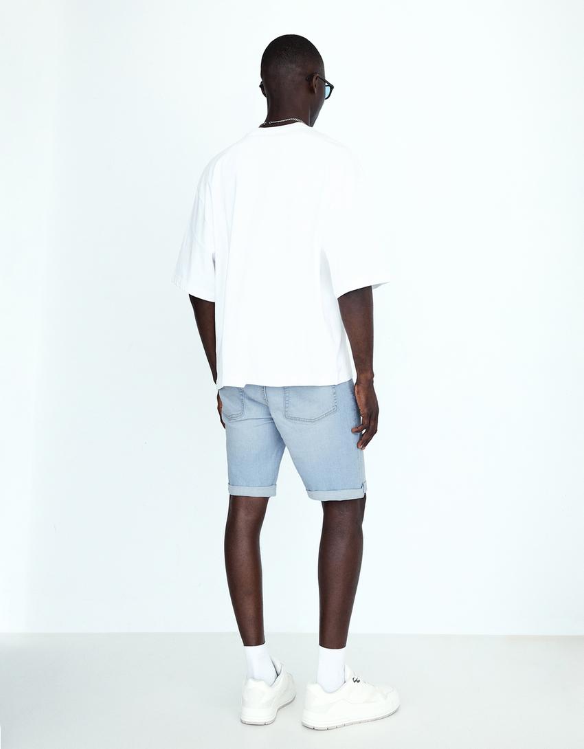 Roll-up denim Bermuda shorts-Light blue