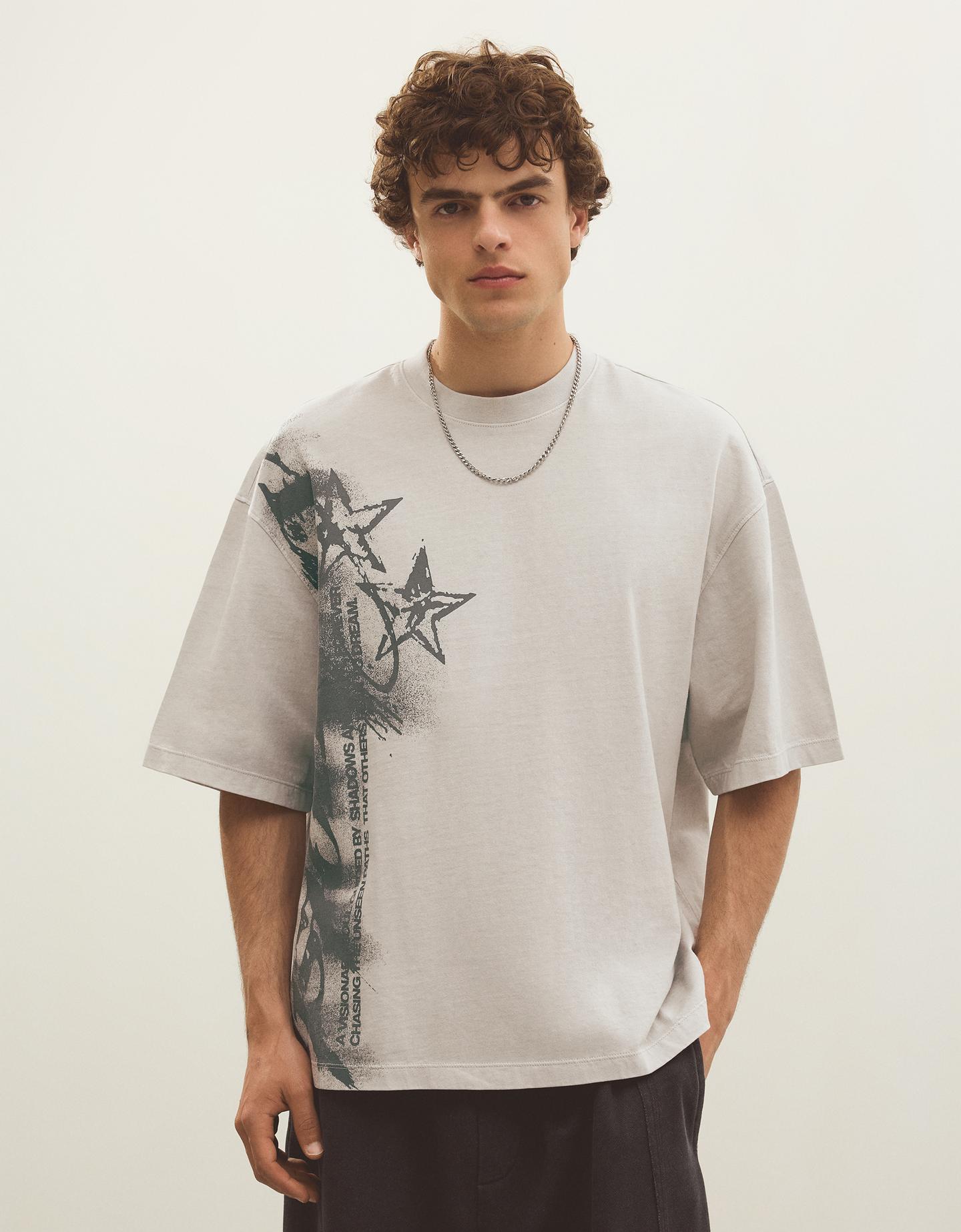 Bershka koszulka boxy fit z nadrukiem popielaty
