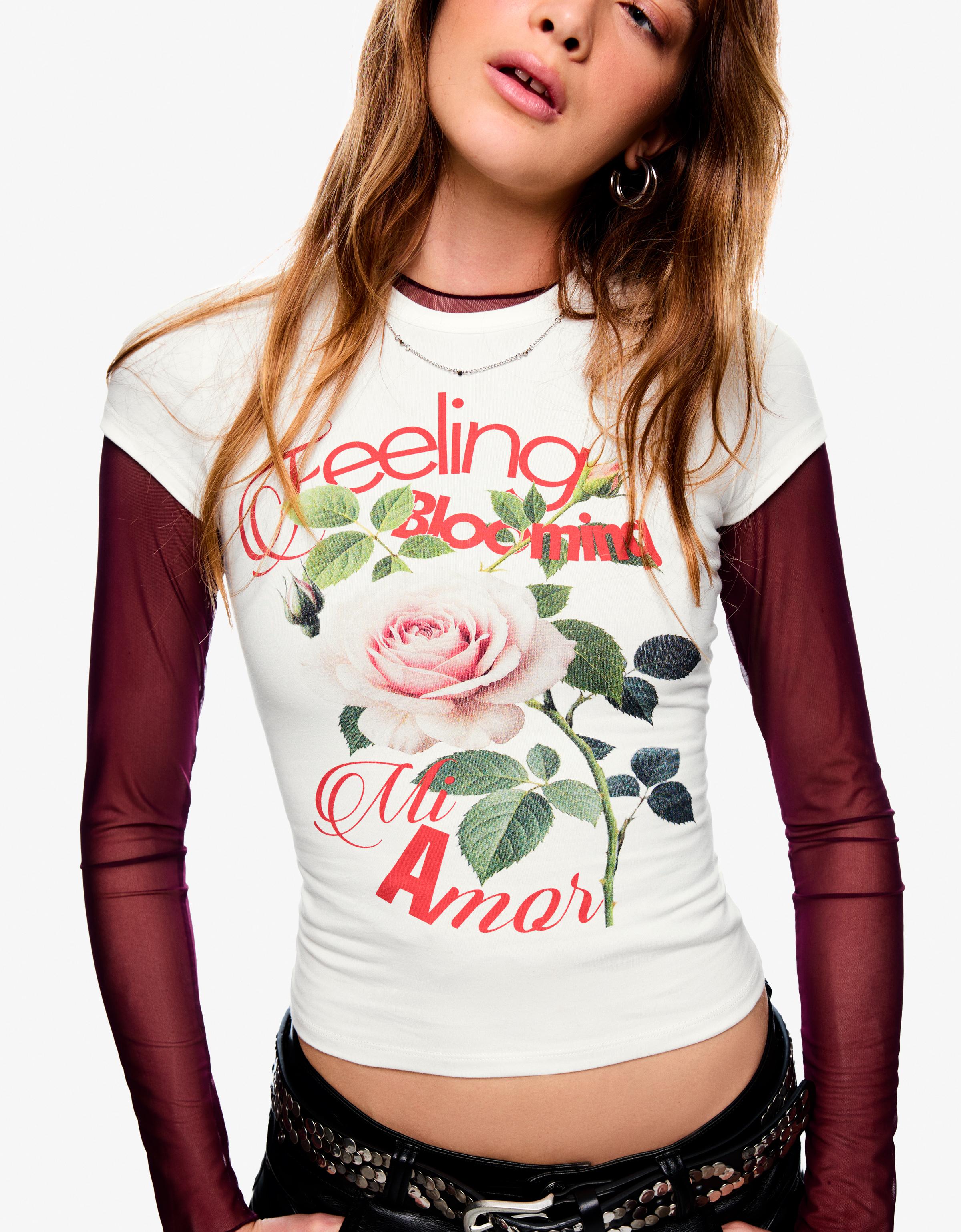 Bershka T-Shirt Mit Kurzen Ärmeln Und Print Damen M Grbrochenes Weiss