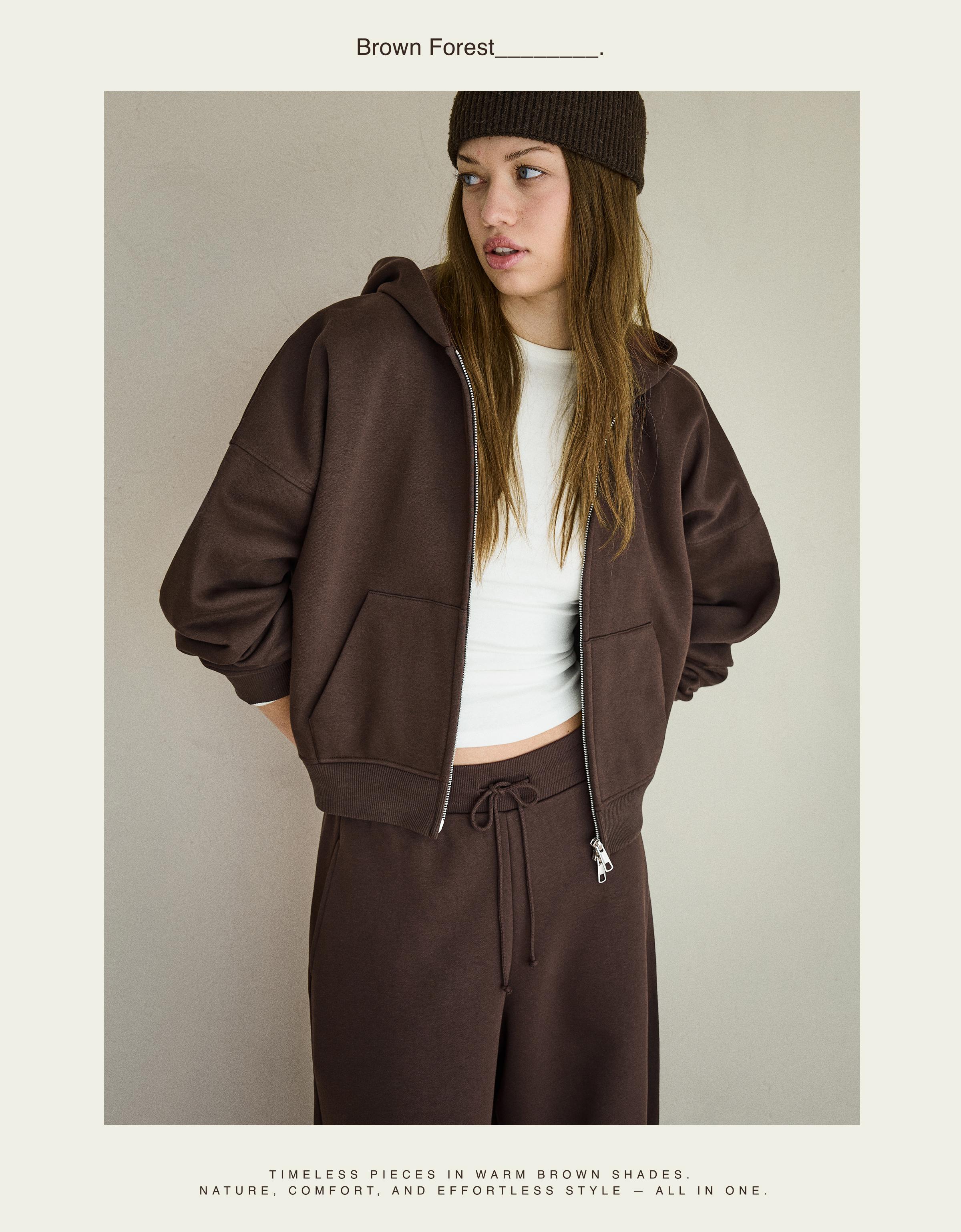 Kapüşonlu oversize fermuarlı sweatshirt - Görsel 146