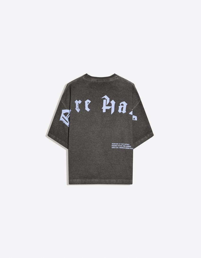Waffle-knit short sleeve print T-shirt-Dark grey