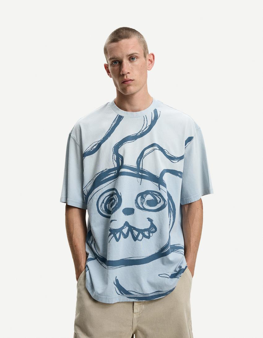 Tricou mânecă scurtă print-Albastru deschis-0