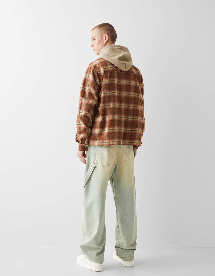 Cropped long sleeve check shirt-Brown